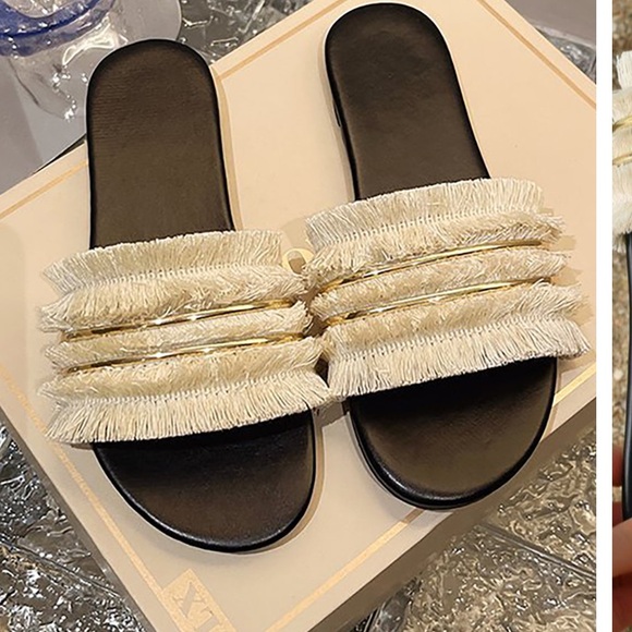 TASSEL SANDALS CREAM AND GOLD- black bottom 38 size (7.5) NEVER WORN NEW IN BOX - Picture 2 of 2